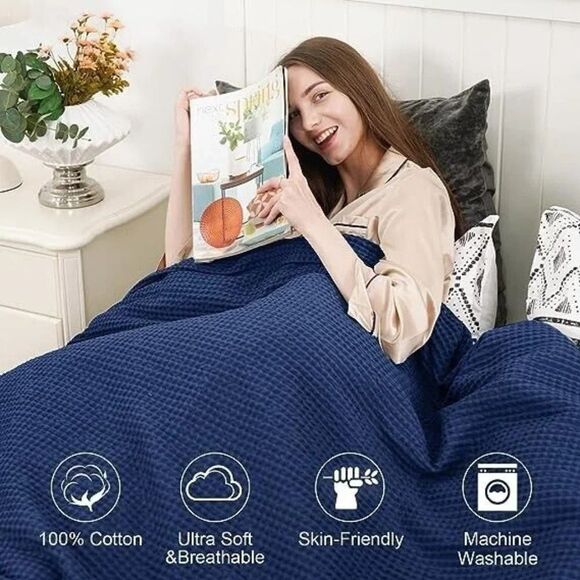 PHF Blue 100% Cotton Waffle Lightweight 90 x 90 in Weave Blanket Queen SU249 - Picture 2 of 6